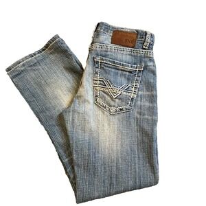 BKE Tyler Straight Jeans Mens 30R Light Wash Whiskered‎ Thick Stich Cowboy Rodeo
